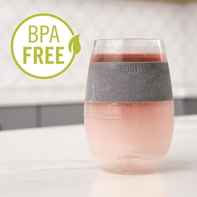 Host Cooling Wine Freeze Cup with Lid, Set of 2 Plastic Double Wall Insulated Wine Tumbler Drink Cups with Freezing Gel for Red and White Wine, Coral