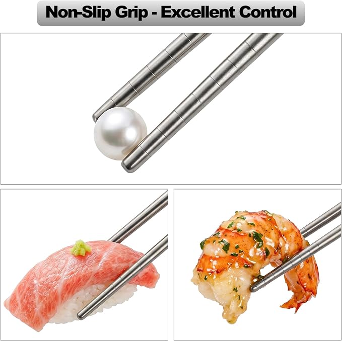 Nicunom 5 Pairs Pure Titanium Chopsticks, Ultralight Titanium Metal Chopsticks Dishwasher Safe Non-Slip Reusable Chopstick for Home Camping Travel, Silver Chop Sticks Gift Set
