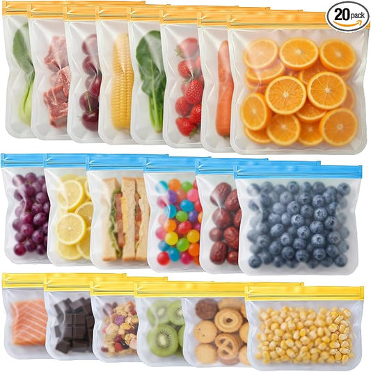 20 Pack Reusable Bags Dishwasher Safe, Leakproof Silicone Reusable Freezer Bags, Food Storage Bags BPA Free, Colored Baggies for Marinate Meats, Veggies, Salad Fruits (8 Gallon 6 Sandwich 6 Snack)