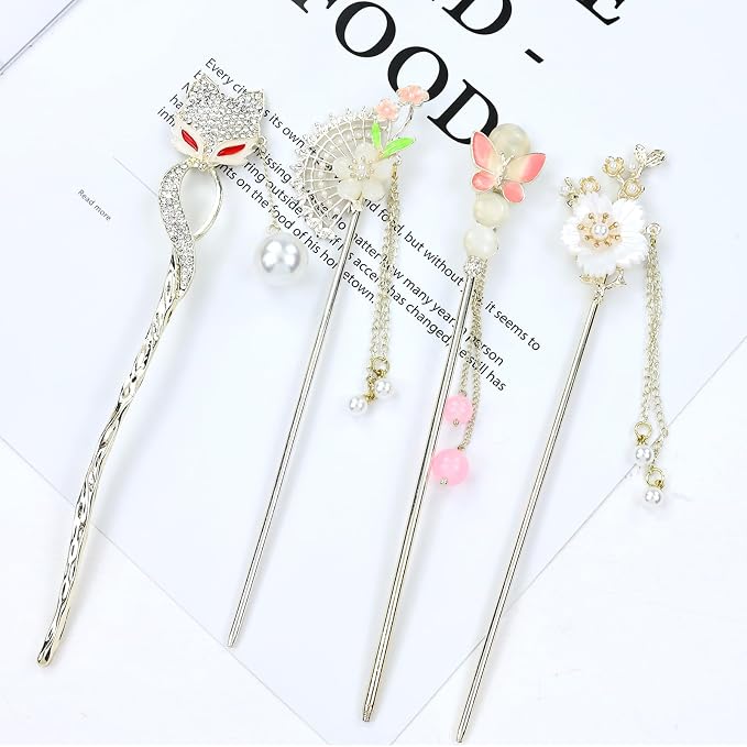 inSowni 8 Pieces Retro Vintage Asian Japanese Chinese Hanfu Rhinestone Gold Metal Flower Hair Sticks with Flower Pearl Crystal Fox Butterfly Hair Pins Forks Chopsticks Bun Updo Holders for Women Girls