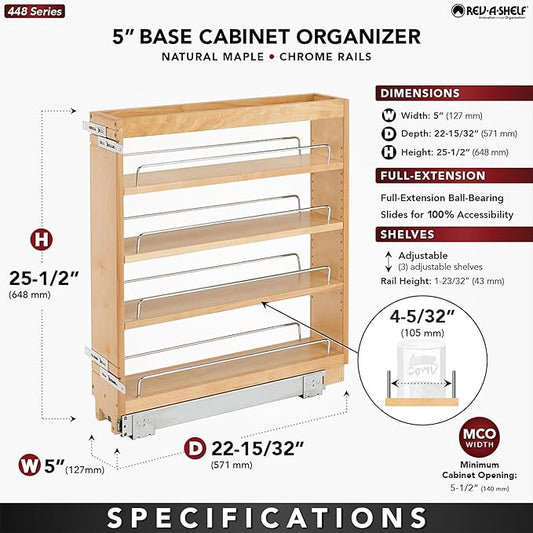 Rev-A-Shelf 5" Pullout Kitchen Cabinet Storage Organizer Slide Out Pantry Spice Rack with Adjustable Shelves for 5.5" W Cabinet Opening, 448-BC-5C