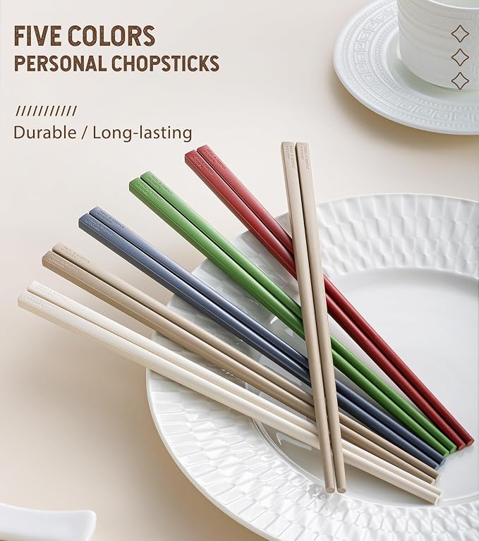 10 Pairs Fiberglass Chopsticks Reusable Set | Dishwasher Safe | Lightweight | Non-Slip, 9.45-Inch - Colourful Chop Stick