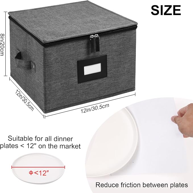 China Storage Containers Hard Shell, 12" Plates Storage Box for Dishes | Stackable Dinnerware Storage Containers with 48 Felt Dividers (4 Pack Black)