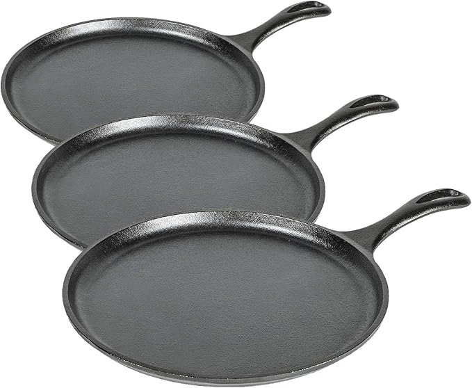 Lodge Round Seasoned Cast Iron Griddle, Round-Shaped, Pre-Seasoned Iron Griddle Pan - Non-Toxic, PFAS-Free Cookware - Compatible with Stovetop, Oven, Grill, or Campfire, 10.5 Inch (Pack of 3)