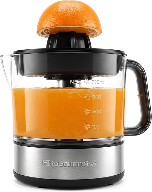 Elite Gourmet ETS623 Electric Citrus Juicer, 24 oz, Black/Stainless Steel | BPA-Free 40-Watt motor, compact large-volume pulp control - juices oranges, lemons, limes & grapefruits, easy-pour spout