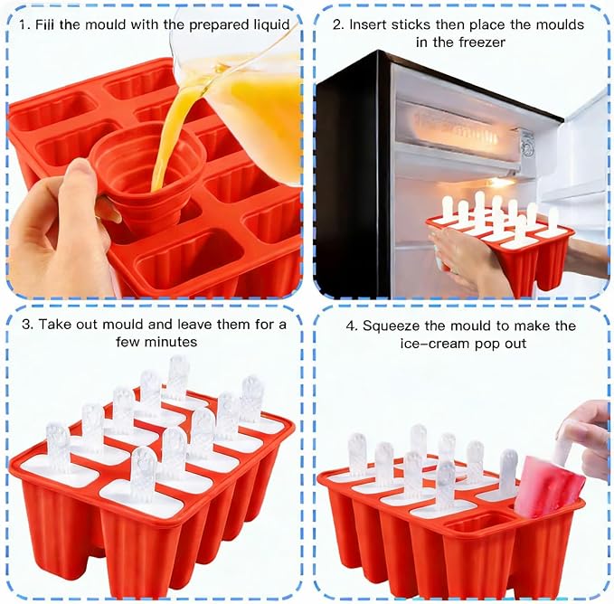 Popsicles Molds, 10 Pieces Silicone Ice Pop Molds with 10 Sticks BPA Free Popsicle Molds Reusable Easy Release Ice Popsicle Maker, Red