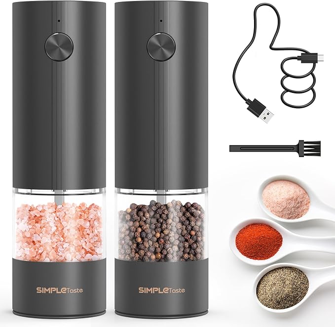 SIMPLETASTE Electric Salt and Pepper Grinder Set with LED Light, Automatic Pepper Mill Shakers with Adjustable Coarseness, One Hand Operation for Kitchen, Dining, Gifting, Black, Rechargeable