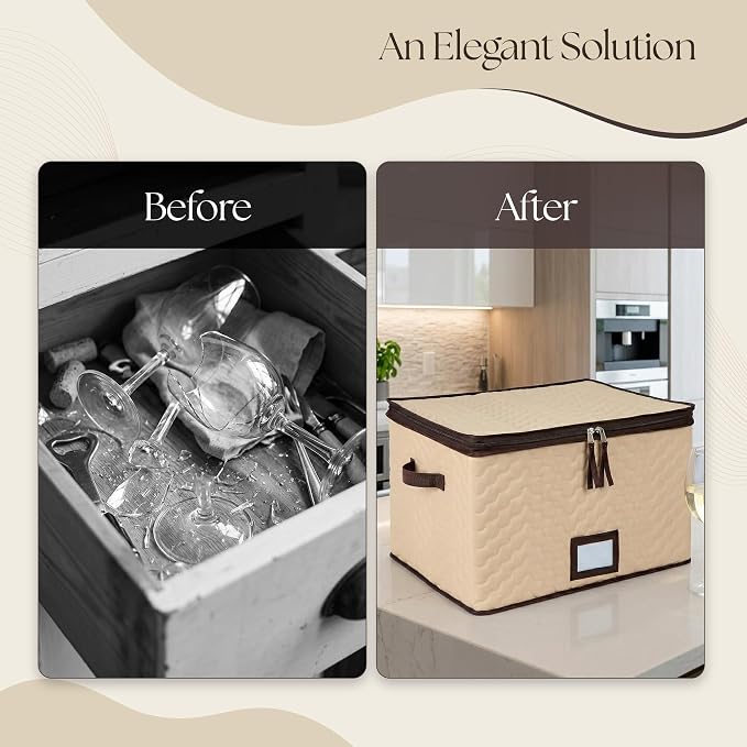 Wine Glass Storage Box with Dividers, Holds 12 Glasses up to 3.75" Wide | 2 Pack, Stemware Storage Case, Protects Fine China, Durable Quilted Microfiber, Carry Handles, Ideal for White Wine