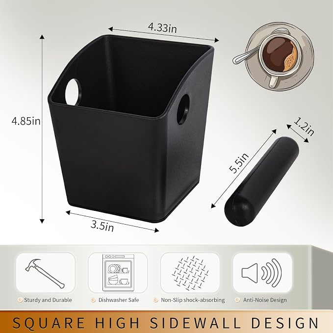 IAOSEN Knock Box Square High Sidewall Design Espresso Knock Box Shock-absorbent Knock Box Espresso with Removable Knock Bar and Non-Slip Base Espresso Accessories for Home/Office