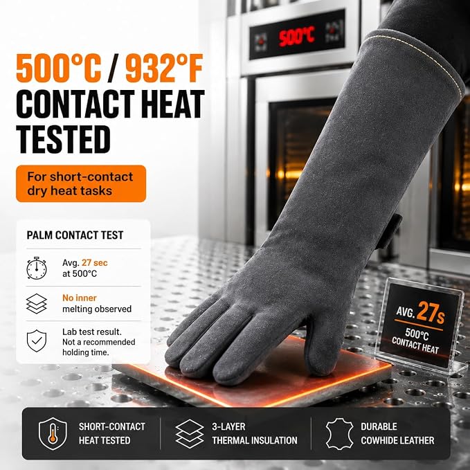 OZERO Welding Gloves: Upgraded Thicker 932°F Heat Resistant, Gray, 14 Inch | 1.2 mm Split Cowhide, Reinforced Palm, Long Cuff, for MIG TIG Stick Forge BBQ Grill Fireplace Fire Pit Wood Stove Oven