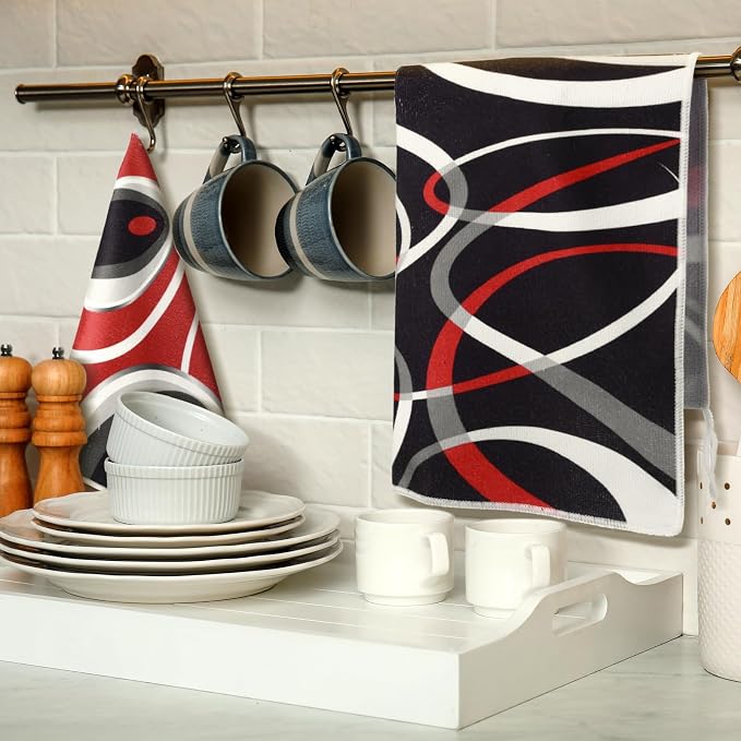 Boyiee 6 Pcs Modern Geometric Kitchen Towels | Red Black Grey White Dish Hand Towels 24 x 16 Inches Gifts Decorative Tea Cloth Gifts for Farmhouse Kitchen Bathroom Decor