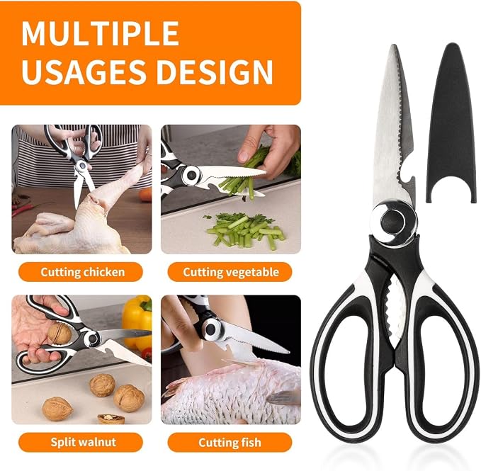 Chicken Shredder Tool Twist Large bundle with 48 Sharp Needle blade Meat Tenderizer, Kitchen Scissors, Brush (4 Items) - Heavy Duty Stainless Steel, Ergonomic, Anti-Slip, Dishwasher Safe & BPA Free