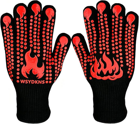 BBQ Gloves Heat Resistant 1472°F, Long Cuff Aramid Fiber Oven Mitts with Non-Slip Silicone, Grilling Gifts for Men, Dad, Husband, Smoker and Kitchen Cooking, Black/Red