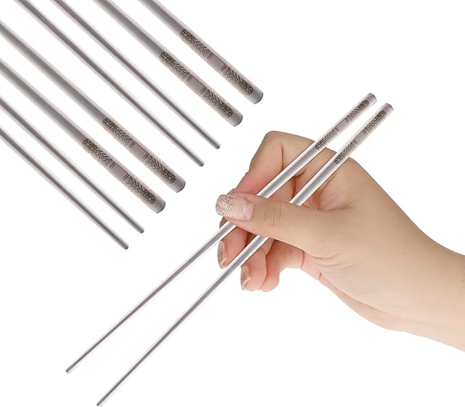 Korean Metal Chopsticks 2 Pairs, Matte Silver Stainless Steel Chopsticks with Dancheong Pattern Engraving, Reusable Dishwasher Safe Gift Set