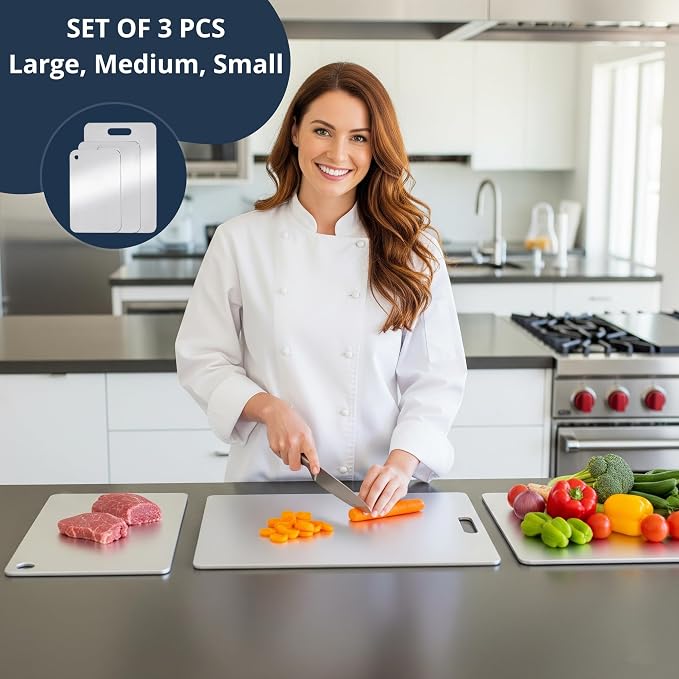 Stainless Steel Cutting Boards for Kitchen | 3 PCS 304 Stainless Chopping Board Set, Non Stick, Rust-Resistant & Easy to Clean | Perfect for Meat, Vegetables & Fruits (15.3x11, 13.4x9, 11.8x7.9 in)
