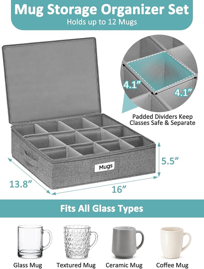 Cirhy Mug Storage Organizer, Hard Shell Coffee & Teacup Storage Box with 12 Padded Compartments, Stackable Portable Cup Storage Organizer for Holiday, Seasonal & Moving Use, 2-Pack, Grey
