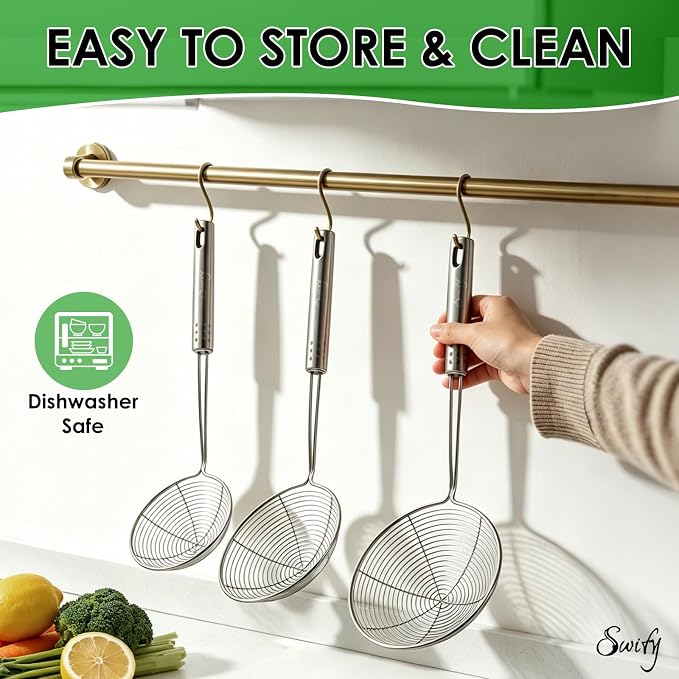 Swify Spider Strainer Set of 3 Asian Strainer Ladle Stainless Steel Wire Skimmer Spoon with Handle for Kitchen Frying Food, Pasta, Spaghetti, Noodle-4.3", 5", 5.7"