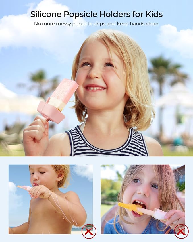 4Pack Drip-Free Silicone Popsicle Holders, AODISTUCE Popsicle Holder with Straw | with 2 Slots Fit Standard & Wide sized sticks Drip Free Popsicle Stick Holder Popsicle Drip Catcher