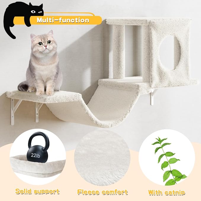 6-in-1 Cat Wall Shelves, Wall Mounted Cat Climber with Condo House, Scratching Post, Bridge Ladder, Space-Saving Indoor Play Furniture for Kittens, Beige