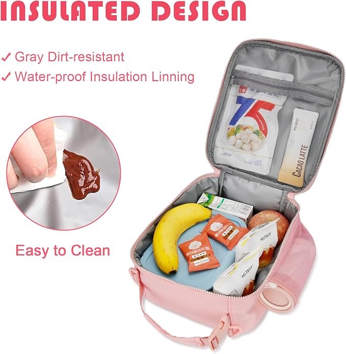 Initial Insulated Lunch Bag for Girls Kids, Back to School Gift, Reusable Leak-proof Lunch Box with Adjustable Strap for School Daycare Travel Picnic (Pink,R)