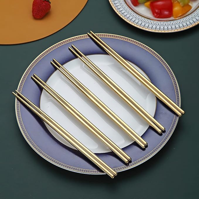 10 Pairs Reusable Chopsticks, Titanium Gold Plating Stainless Steel Metal Chop Sticks, Japanese Chinese Korean Chopstick Dishwasher Safe, 8.9 Inch (Gold / Chop sticks)