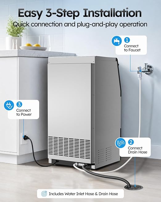 Commercial Ice Maker Machine, 150 lbs/24H Ice Production, 50 lbs Storage Bin, ETL Approval Stainless Steel Under Counter/Freestanding Ice Maker with Self-Cleaning, LED Light & Filter for Home, Bar