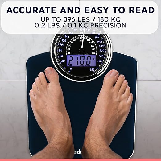 Hybrid Bathroom Scale - Analog & Digital Display, Accurate to 400 lbs | See weight on both an analog dial and digital LCD at once. Wide glass platform, accurate to 0.2 lbs, batteries included.
