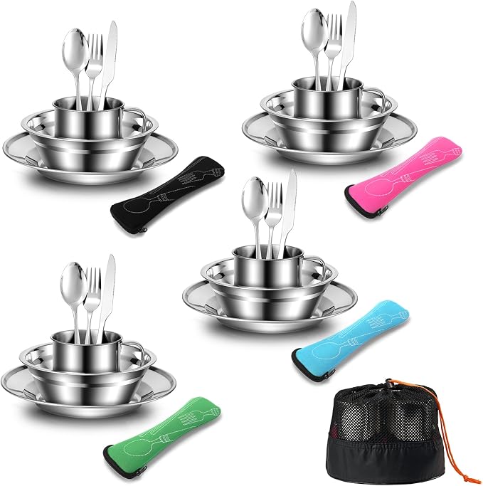 Odoland 29pcs Stainless Steel Utensils Camping Mess Kits for 4 Person | with Bowls Plates Cups Forks Spoons and Knives, Camping Cutlery Set for Backpacking, Family, Outdoor Hiking and Picnic