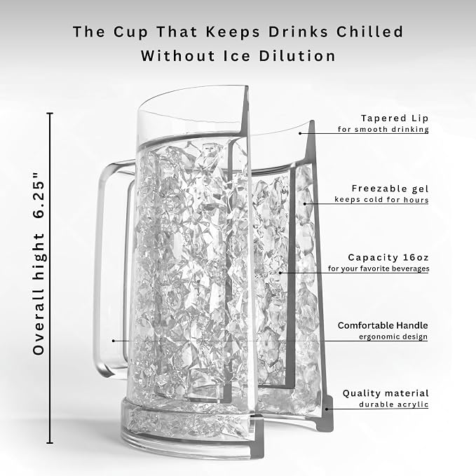 luxail Beer Mugs For Freezer, Double Wall Insulated Plastic Beer Glasses – Freezer Mugs, 16 oz – Perfect Frozen Beer Mugs for Home Bar Accessories, Gifts for Men