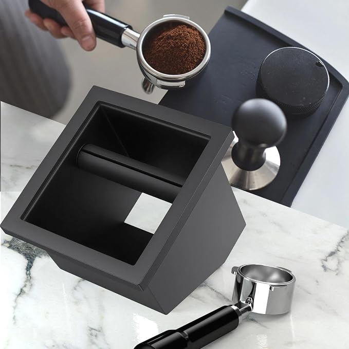 Bottomless Espresso Knock Box, Stainless Steel Coffee Grounds Container with Removable Bar & Bottomless Chute, Built-in Desktop Waste Bucket for Commercial Cafes Restaurants, Trapezoid