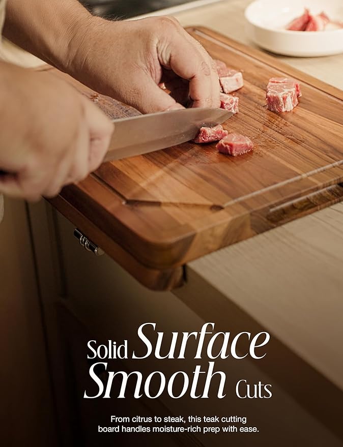 TIDITA Teak Wood Cutting Board with Lip, 16” x 12”, Handles, Easy Assemble | Solid Teak Wood, 16"x12" Cutting Board, Counter Lip Edge, Integrated Handles, Reversible Multi-Purpose Design. Juice Groove