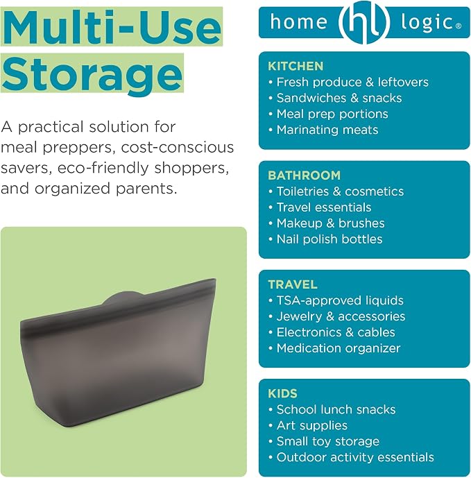 Home Logic Reusable Quart Bags - Set of 4 Alloy Grey Silicone Freezer Bags, Airtight Leak Resistant Reusable Zip Bags for Kitchen Home Food Prep, Microwave & Sous Vide Safe