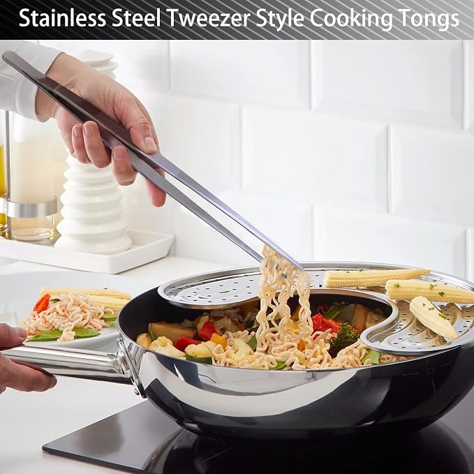 JETKONG 2 Pcs 12-Inch Cooking Tweezers Stainless Steel, Straight Food Tweezers, Professional Kitchen Tweezer/Forceps for Cooking Repairing and BBQ (12-Inch, Silver)