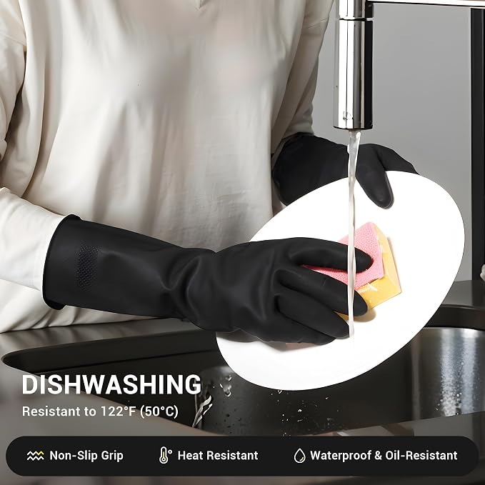 ThxToms 3 Pairs Dishwashing Gloves, Reusable Latex Cleaning Gloves for Housework Kitchen Bathroom, Durable Flexible & Anti-slip, Smooth Lining, Easy On & Off, Small, Black