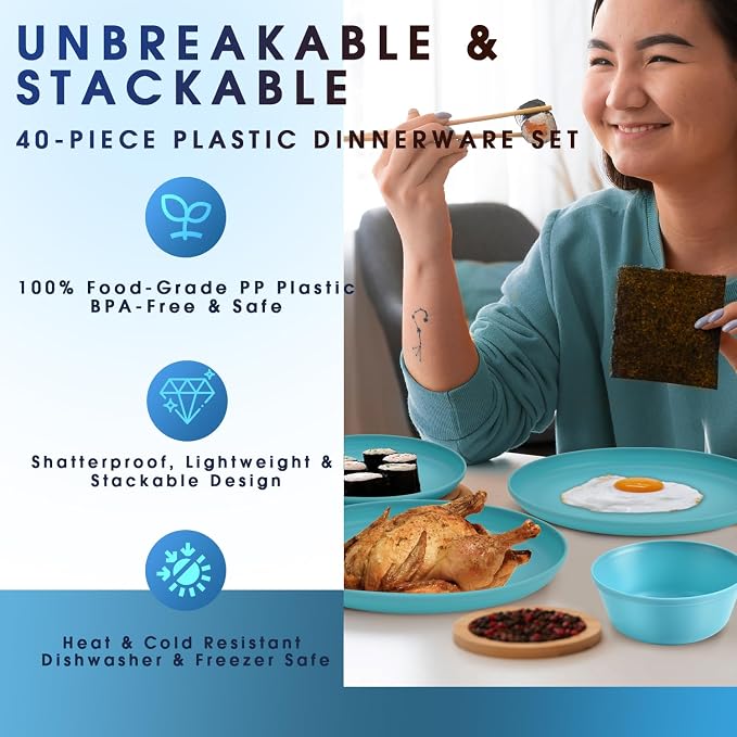 40 Piece Plastic Dinnerware Set for 8 with Cutlery, Unbreakable Plates and Bowls Set, Dishwasher & Microwave Safe Reusable Dish Set for Camping, RV, Outdoor Kitchen, Apartment Dining, Teal