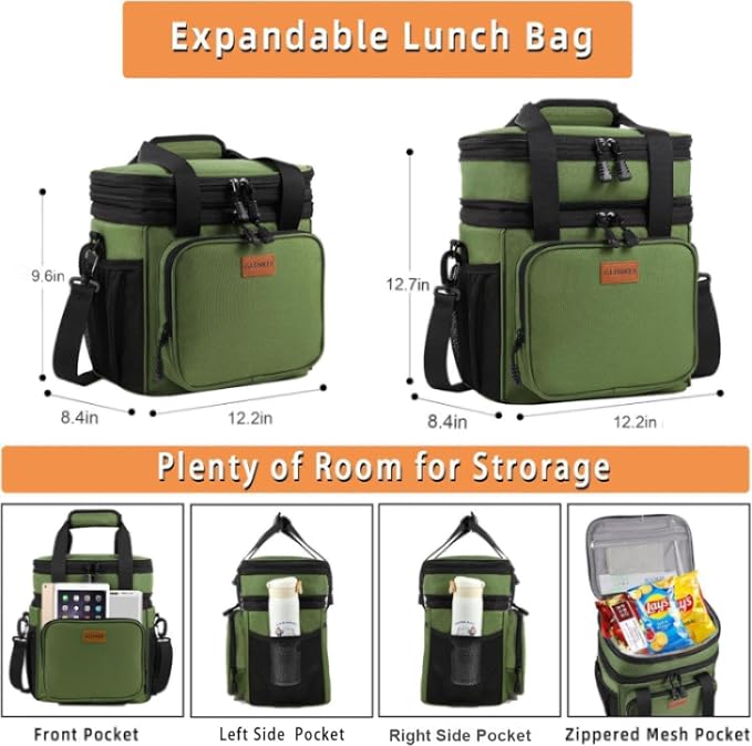Expandable Lunch Box Cooler Bag - Insulated Soft Lunch Bag for Men Women - Large Lunchbox for Adults Work Camping Outdoor Travel Army Green 22L