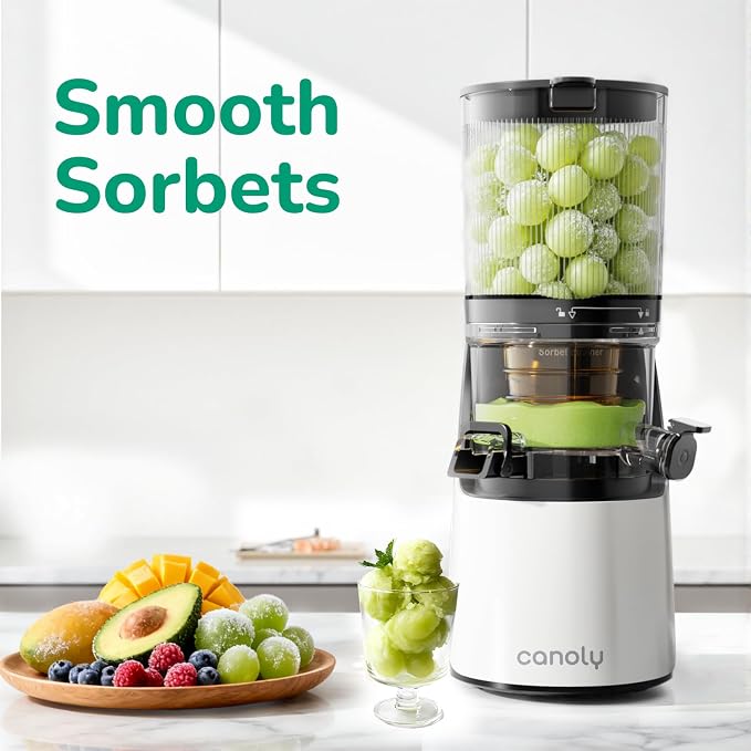 Canoly 3-in-1 Cold Press Juicer C16, Makes Juice & Sorbet & Nut Milk | 6" Extra Wide Feed Chute, Powerful AC Brushless Motor, Self Precut System, Juicer Machines with BPA-Free (Pearl White)