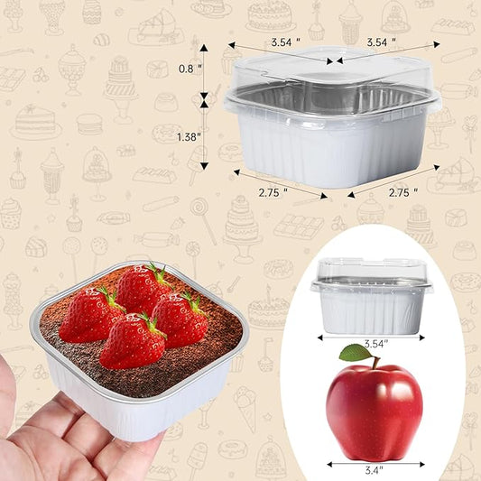 50 Pcs Mini Square Baking Cups with Lids,5oz Aluminum Foil Mini Cake Pans with Lids,Disposable Ramekins Cake Pans,150ml Dessert Cups Cupcake Pans for Wedding Birthday Party,White