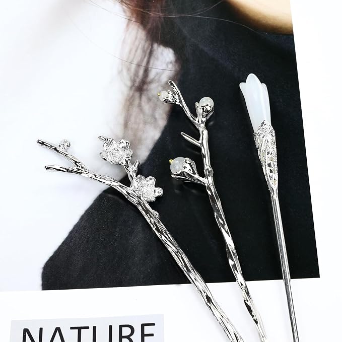 inSowni 8 Pieces Decorative Retro Crystal Pearl Silver Hair Sticks Pins with Pendants Asian Chinese Hanfu Cloud Star Lotus Flower Hair Forks Chopsticks Bun Updo Holders Long Hairpins for Women Girls