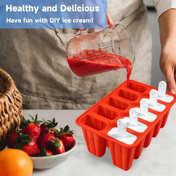 Popsicles Molds, 10 Pieces Silicone Ice Pop Molds with 10 Sticks BPA Free Popsicle Molds Reusable Easy Release Ice Popsicle Maker, Red