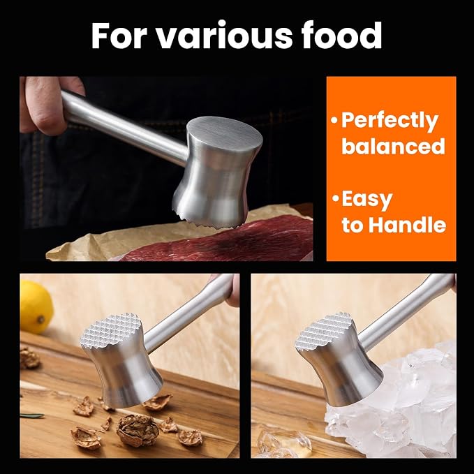 304 Stainless Steel Meat Tenderizer Mallet, Meat Hammer & Chicken Pounder | Well-balanced one-piece design with contoured waist for control, Dual-sided faces, Dishwasher safe, Storage bag, Gift box