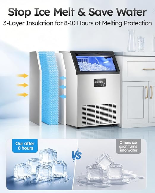 Commercial Ice Maker Machine, 150 lbs/24H Ice Production, 50 lbs Storage Bin, ETL Approval Stainless Steel Under Counter/Freestanding Ice Maker with Self-Cleaning, LED Light & Filter for Home, Bar