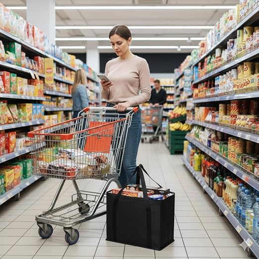 Bodaon 2PK Insulated Grocery Bags with Reinforced Baseboard, X-Large, Black | Reusable, Heavy Duty, Cooler Tote for Stability & No Sag, Thermal Bag for Hot Cold Food, Delivery, Shopping, Travel, Camping