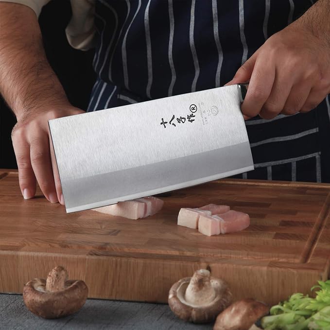 SHI BA ZI ZUO 8-inch Professional Cleaver - Stainless Steel Meat & Vegetable Knife with Non-stick Finish and Anti-slip Wooden Handle