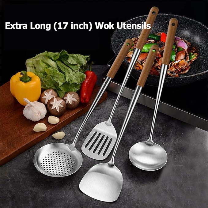Wok Utensils for Carbon Steel, Stainless Steel Wok Spatula 17 Inch | Extra long wooden handle-Anti-scald;Wok Tools Professional Set;Great for home use and commercial use;