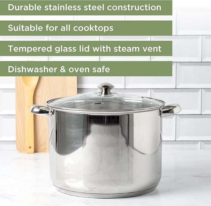Ecolution Pure Intentions Stock Pot - Features Tempered Glass Lid, Keep Cool Handle, and Encapsulated Bottom - Oven Safe - Curbside Recyclable Stainless Steel - 16 Quarts