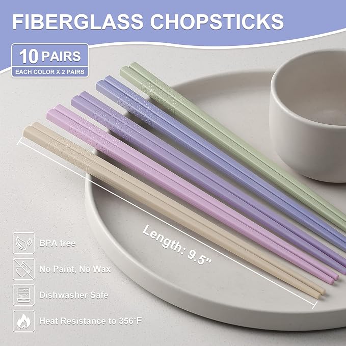 Hiware 10-Pair Reusable Fiberglass Chopsticks, Non-Slip Chop Sticks Set Japanese Style, Dishwasher Safe, 9.5-Inch