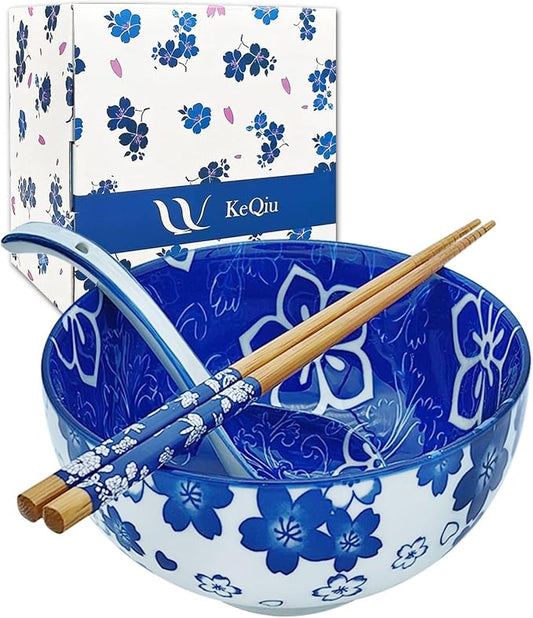 28Oz Ceramic Ramen Noodle Pho Bowl Set with Chopstick Spoon Gift Box | Lead & Cd Free, Food Safe, Microwave/Oven/Dishwasher Safe, Matching Pattern Set, Foam Packed, Ideal All-Occasion Gift