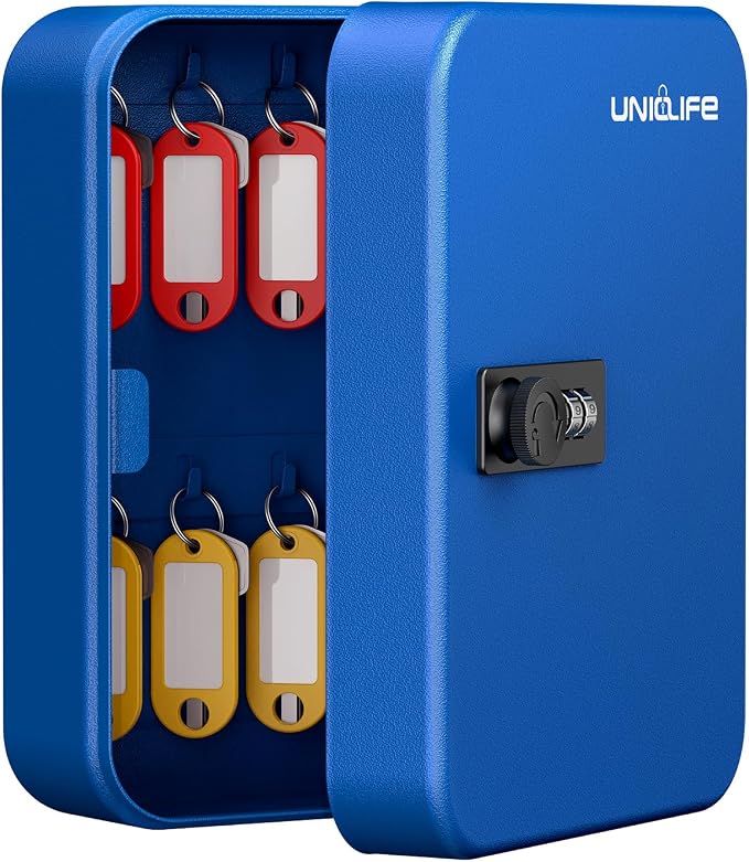 Uniclife 20 Position Key Cabinet with Combination Lock Resettable Blue Digital Security Storage Box Steel Key Organizer with Colorful Key Tag Labels Stickers and Hooks