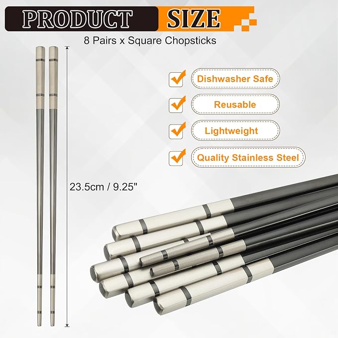 uxcell 8 Pairs Stainless Steel Chopsticks, 23.5cm / 9.25 Inch Metal Chop Sticks Square Lightweight Chopsticks Tableware Accessories Bulk for Home Kitchen Hot Pot Cooking, Black